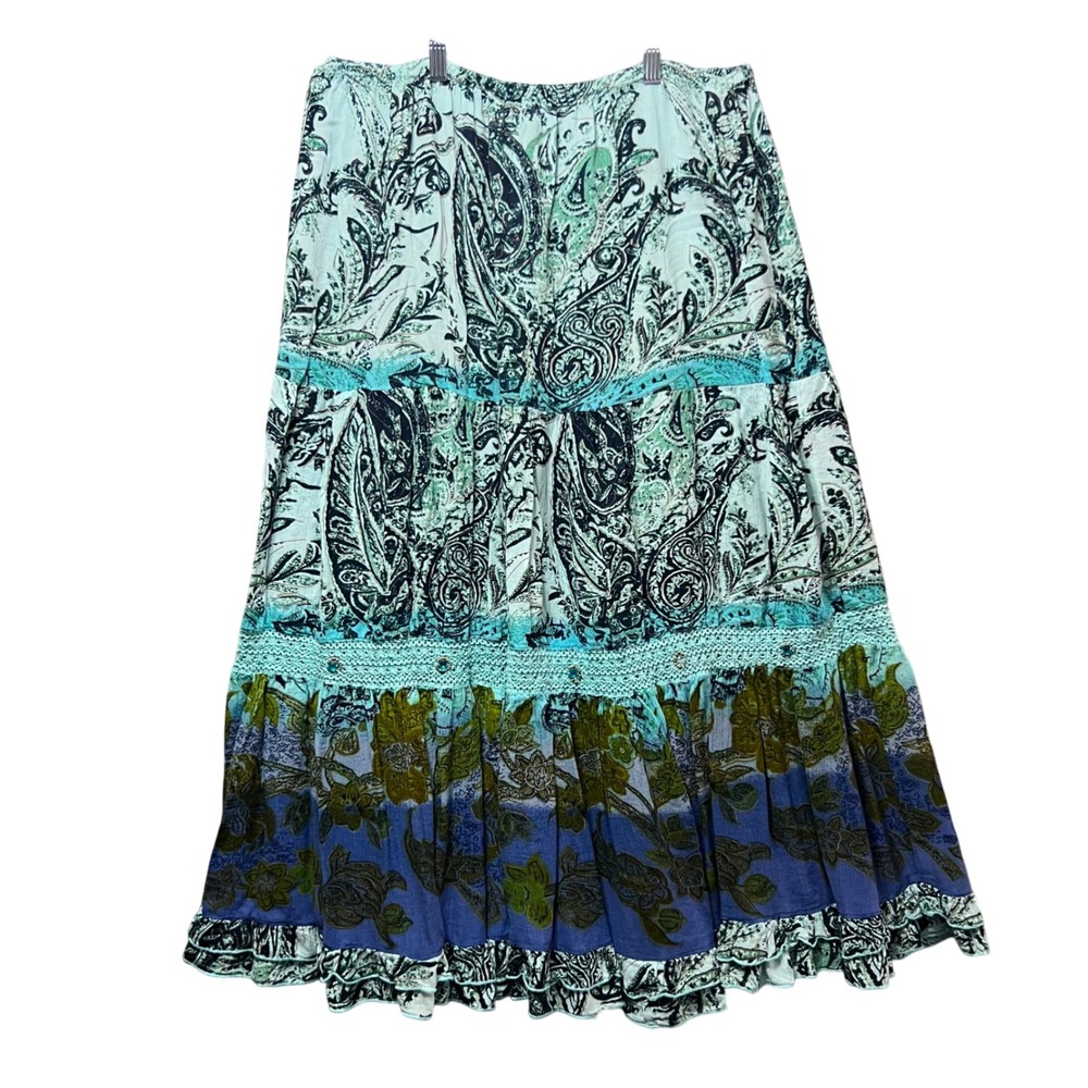 Boho Tiered Maxi Skirt in Aqua & Blue